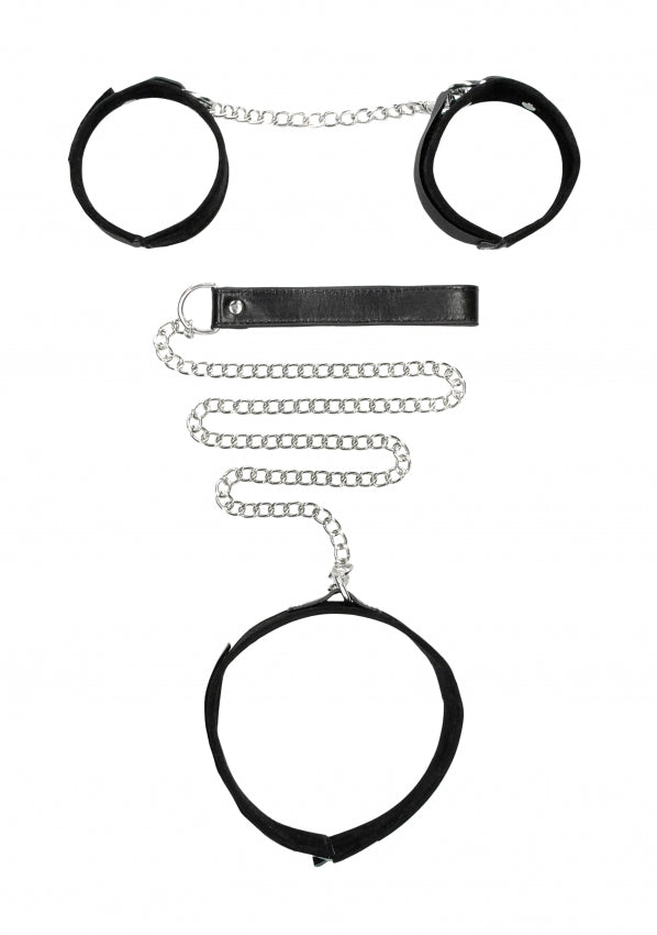 Ouch Black & White Velcro Collar with Leash and Wrist Cuffs - Club X