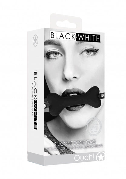 Ouch Black & White Silicone Bone Gag with Adjustable Bonded Leather Straps - Club X