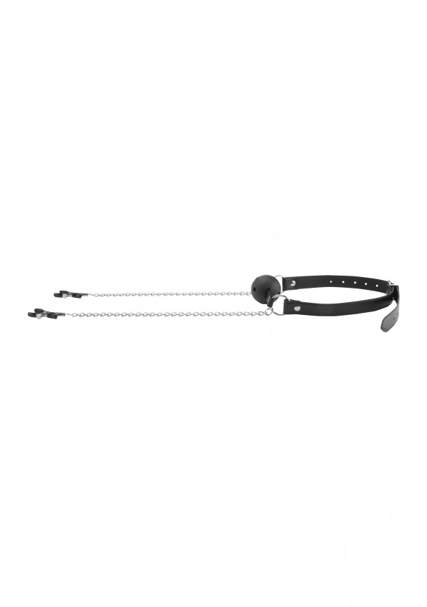 Ouch Black & White Breathable Ball Gag with Nipple Clamps - Club X