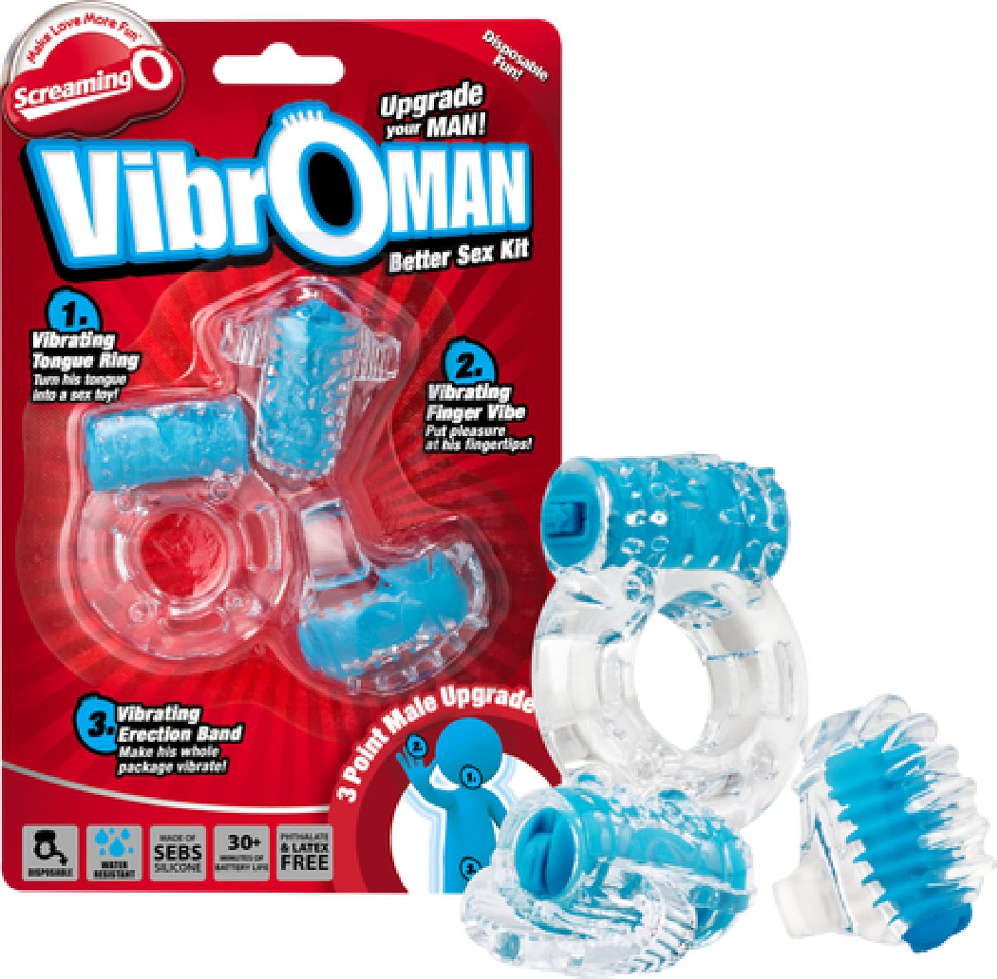 Vibroman Three Piece Couples Sex Kit by Screaming O Pleasure Products,  Includes Vibrating Tongue Ring, Finger Vibrator and Vibrating Erection Band  